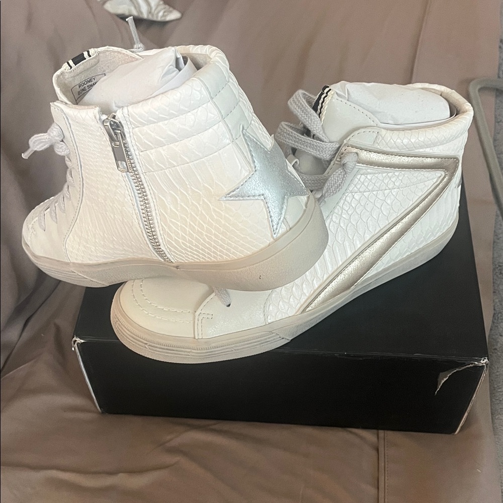 White and Silver High-Top Sneakers